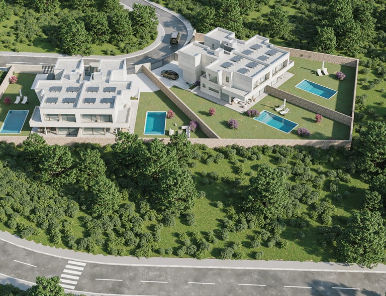 Aerial view of luxury modern villas with private swimming pools and lush green landscaping. Selector