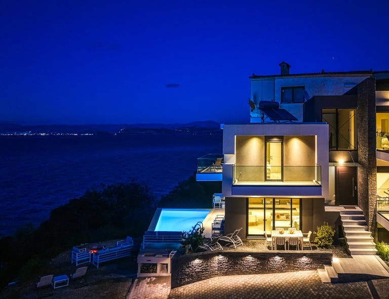 drone aerial twilight photoshoot of villa Kimba in Xiropigado Arcadia