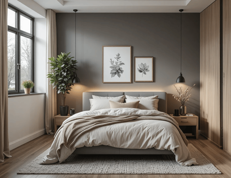 Dormitorio moderno y acogedor con detalles en negro mate, textiles neutros y decoración equilibrada.