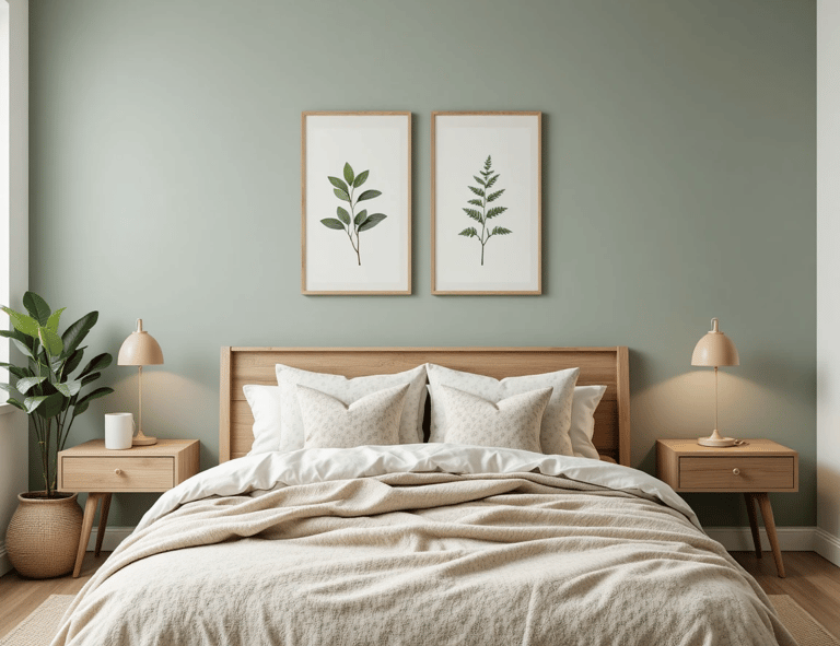 Dormitorio moderno y acogedor con láminas botánicas sobre la cama y decoración en tonos neutros.