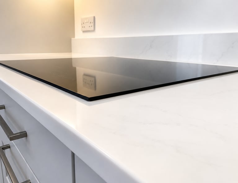 Flush induction hob fitted into white marble quartz worktops in Iffley, Oxford
