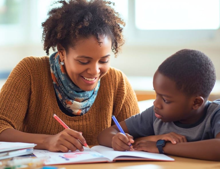 Smiling teacher helping a young elementary student with a writing assignment in a bright classroom.