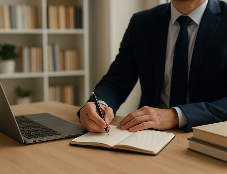 Man at a desk with a laptop and notebook, reflecting on who can benefit from expert English support