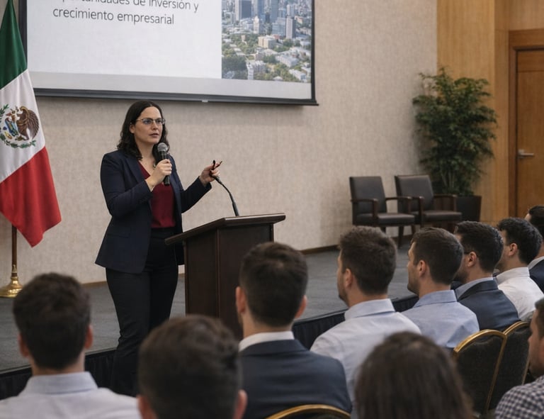 A female speaker giving a business strategy presentation in Mexico to a seated audience at a seminar.