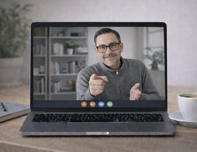 Professional man hosting a remote video conference call on a laptop computer.