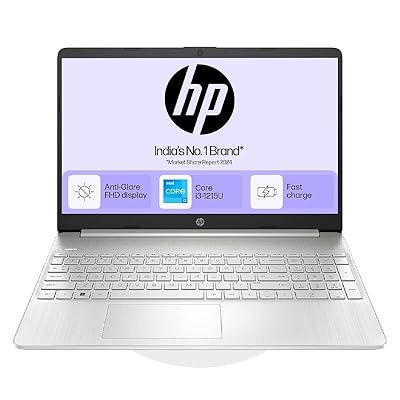 Silver HP laptop with Intel Core i3 processor, anti-glare FHD display, and fast charge capabilities.