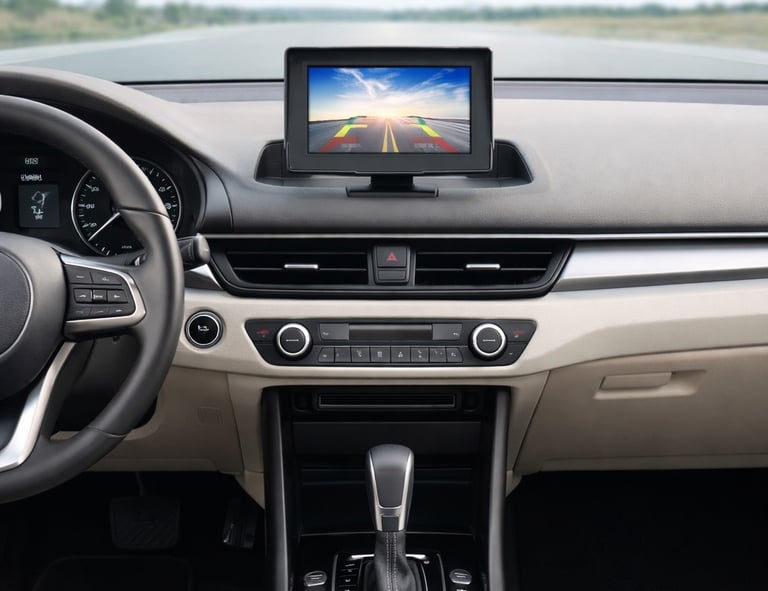 monitor de câmera de ré 4.3 polegadas instalado no painel do carro exibindo imagem traseira