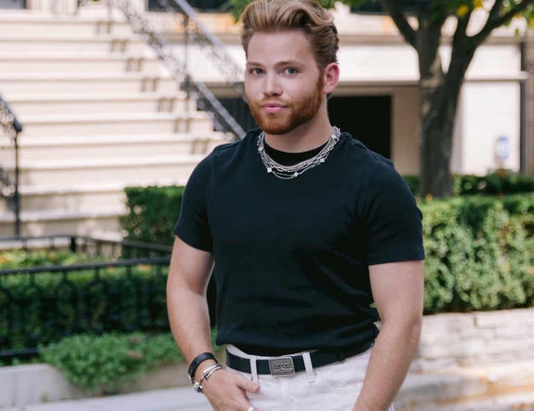 a man in a black shirt and white pants