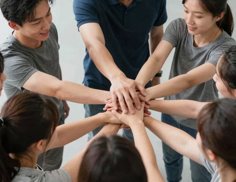 A group of hands interlocked, symbolizing unity and teamwork. The hands are of different skin tones, indicating diversity. The background is slightly blurred, emphasizing the focus on the hands in the center.