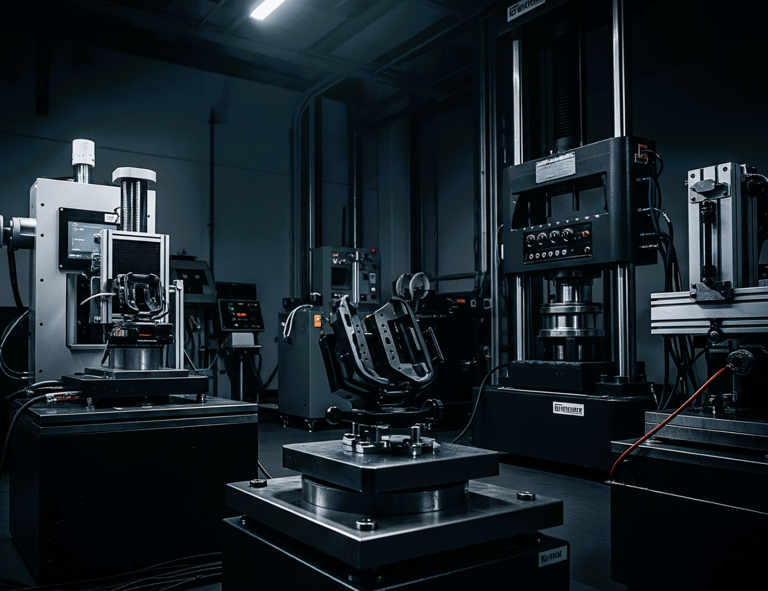  dramatic, dark, cinematic shot emphasizes generic bike mount testing equipment in a dedicated testing facility, devoid of pe