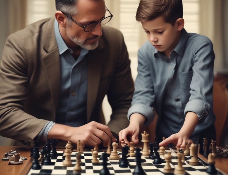 A close-up of a chessboard with black and white chess pieces arranged for play. The background consists of bookshelves filled with various books, creating a cozy, intellectual atmosphere.