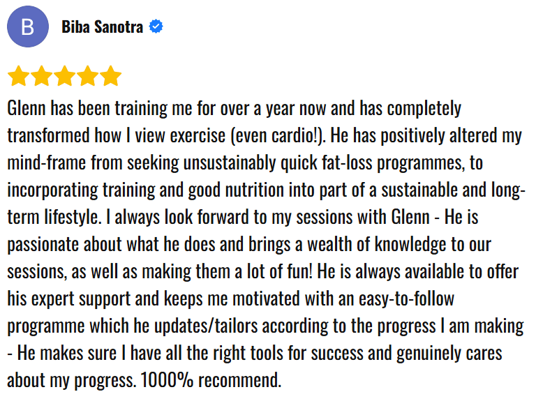 A google review for personal training in London England