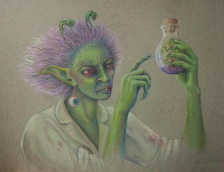 Evil faerie scientist with eyeball earing