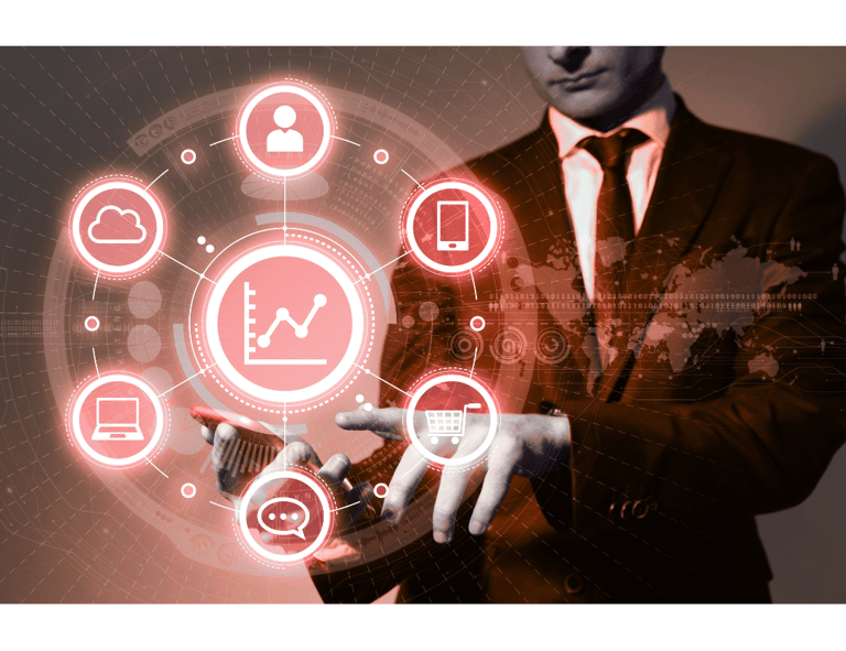 Um homem segurando um celular e clicando em um painel visual com ícones representando a empresa.