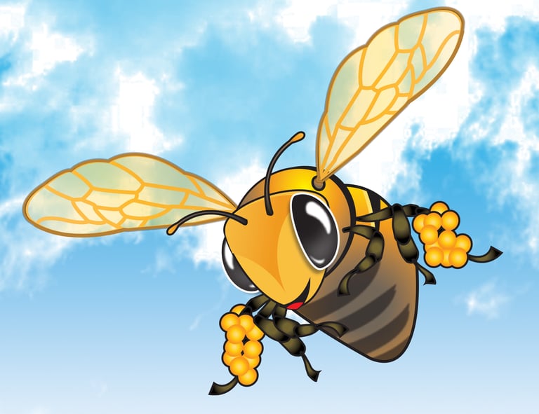 “Cheerful cartoon honeybee flying with flowers against a blue sky — playful children’s illustration for The Honeybee.