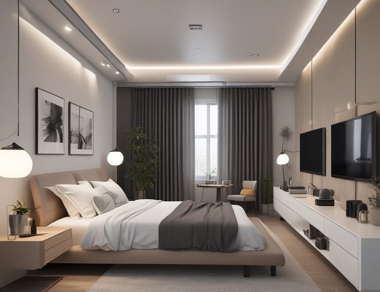 A bedroom corner showing custom shelving and soft textiles.