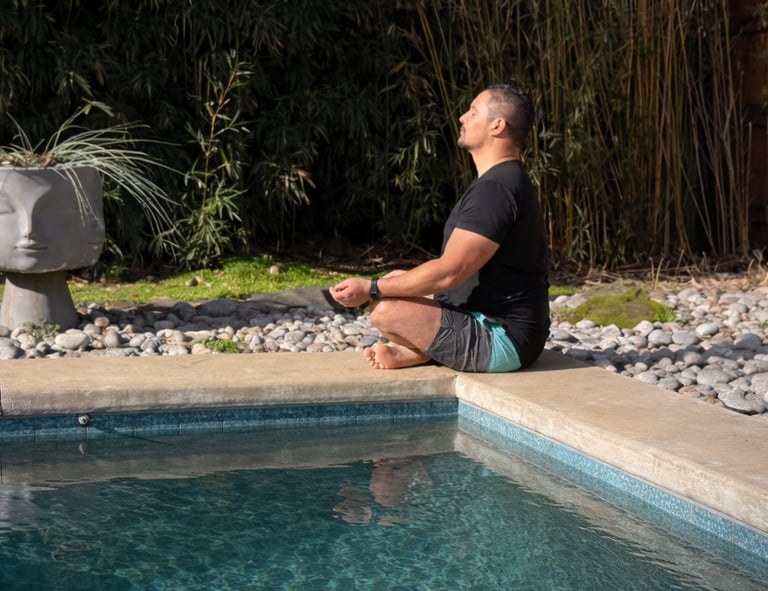 Man meditating by a pool representing calm, balance, and natural body support