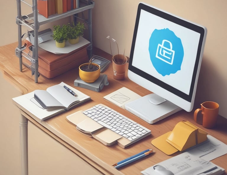 Creative branding materials including logos and color palettes on a desk.