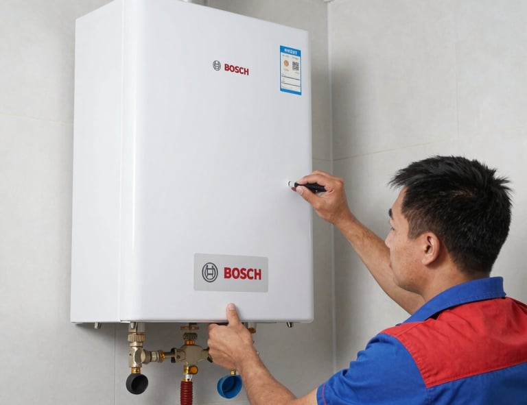 Service van parked outside a home in Usaquén with Bosch branding.