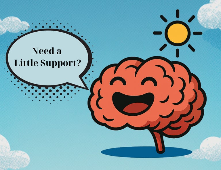 Spark Brain Buddy with a ‘Need a Little Support’ speech bubble on a blue sky background