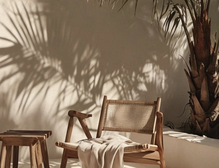Woven wooden lounge chair with a beige throw blanket and palm tree shadows on a neutral wall.