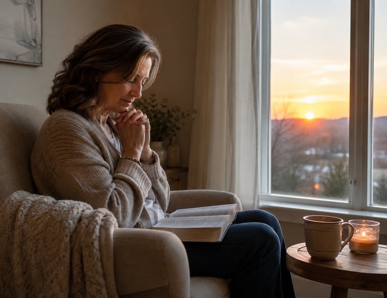 A woman prays  practicing mindfulness and spiritual devotion in a cozy chair.