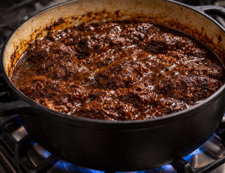 Slow-cooked beef short rib stew simmering in a black cast iron dutch oven on a gas stovetop.