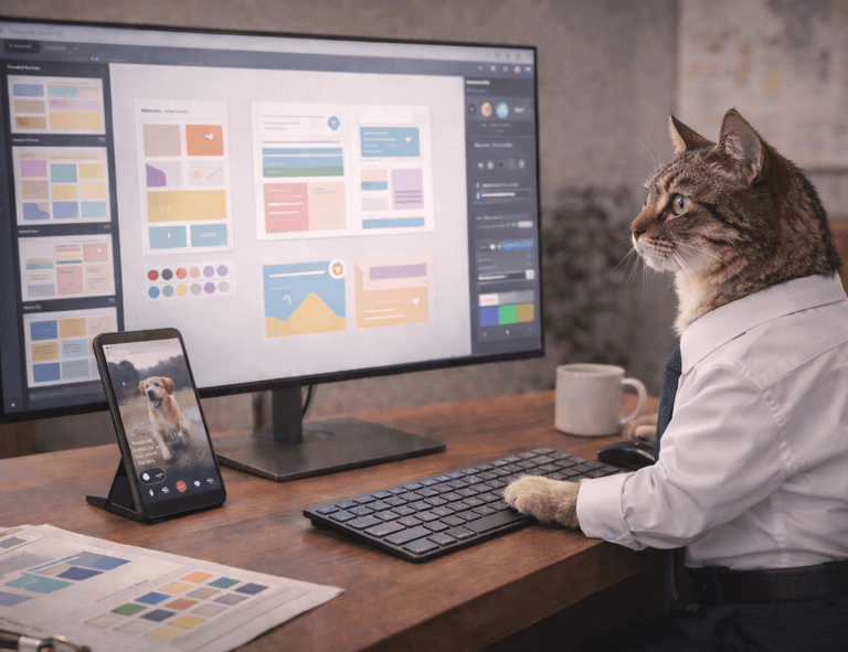 A cat in a business t-shirt and tie working on a computer monitor with web design layouts.