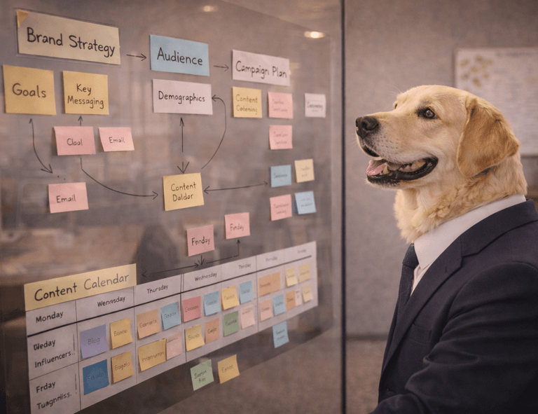 A Golden Retriever in a business suit reviewing a brand strategy and content calendar on a glass board.