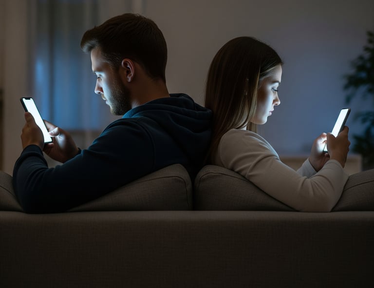 Casal distante no sofá, cada um focado no celular, simbolizando traição virtual no Instagram
