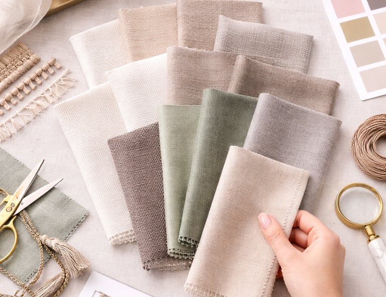 Curtain fabric samples and interior styling materials in neutral tones showcasing refined finishing touches