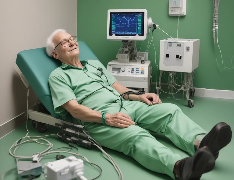 A group of people are gathered indoors, with one individual sitting and having their blood pressure checked. Others stand around engaging in various activities, suggesting a community or clinic setting. The lighting is calm and natural, with a mix of shadows and highlights.