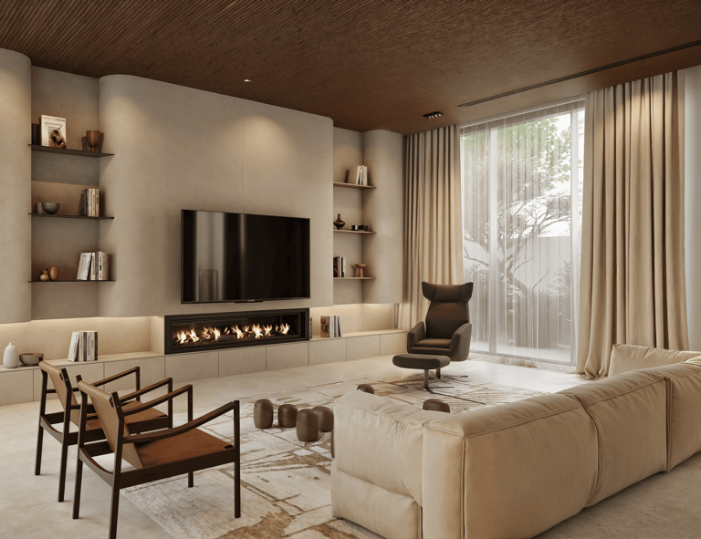 A tan sectional sofa and brown armchairs in a living room with a modern fireplace and TV.