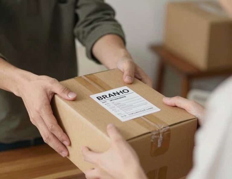 A package being carefully wrapped and labeled for international shipping.