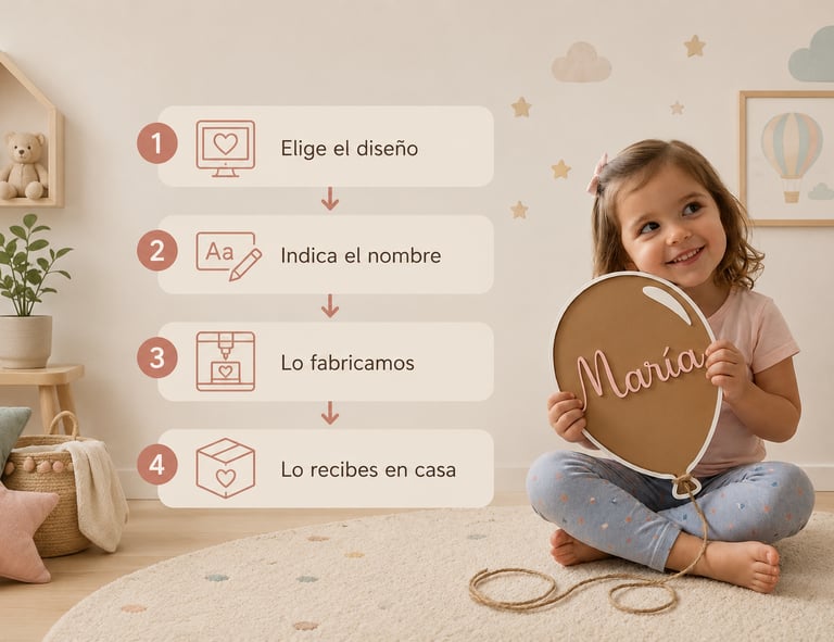A young girl holding a personalized wooden balloon plaque with the name Maria in a nursery setting.
