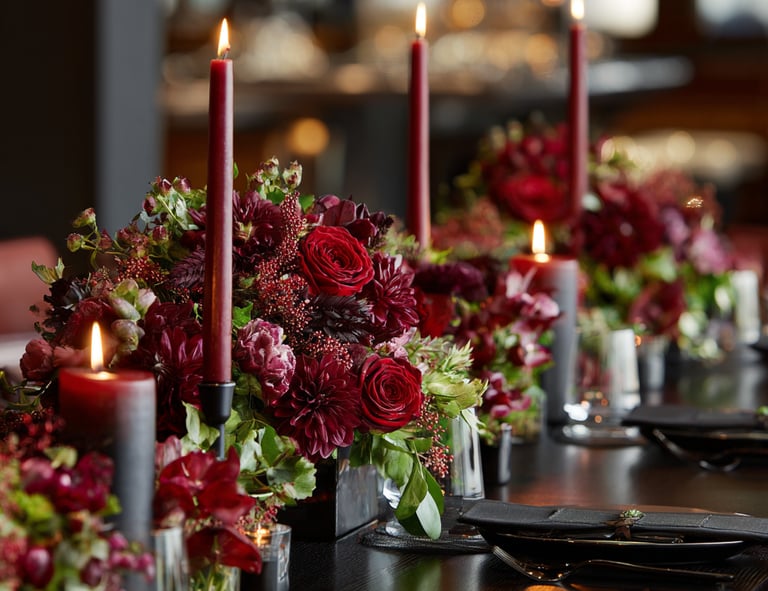 Elegant dinner table setting with red floral centerpieces and tall burgundy taper candles.