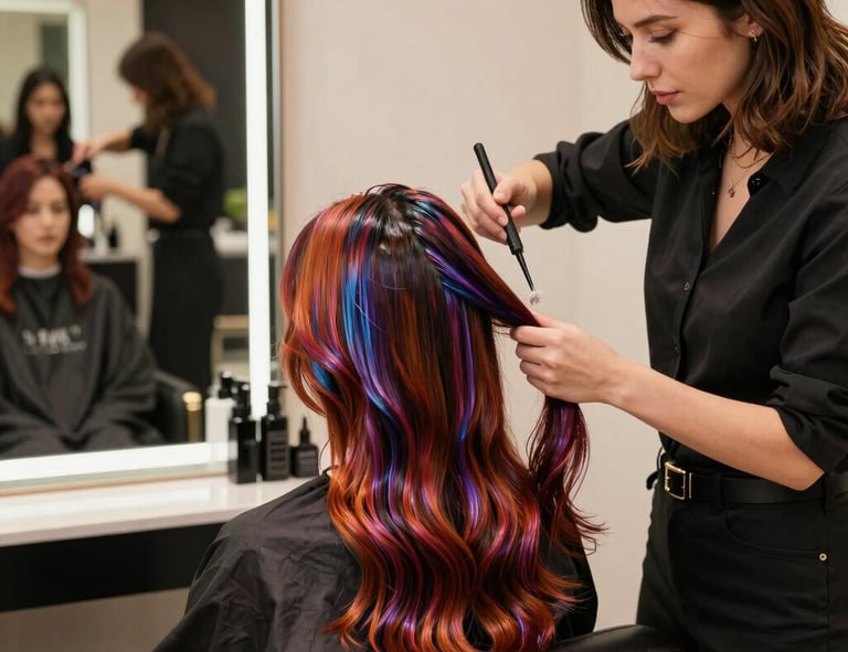 A client with beautifully styled hair, smiling confidently in the salon chair.