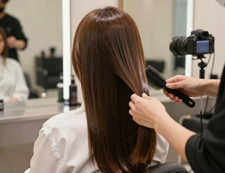 A client with beautifully styled hair, smiling confidently in the salon chair.