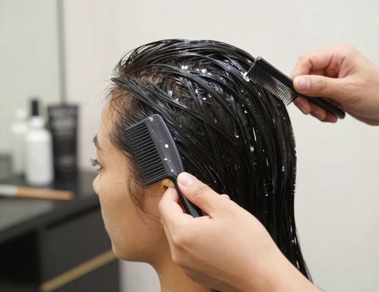 A client with beautifully styled hair, smiling confidently in the salon chair.