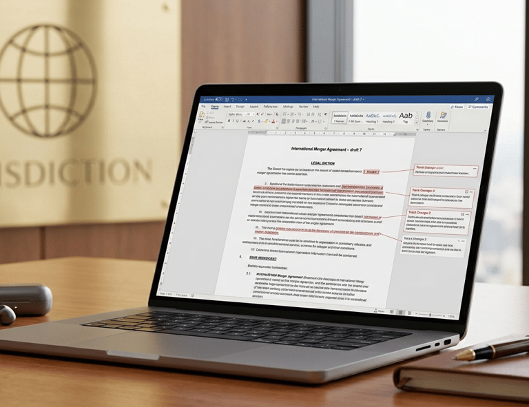 Legal professional reviewing an international merger agreement on a laptop in a law office.