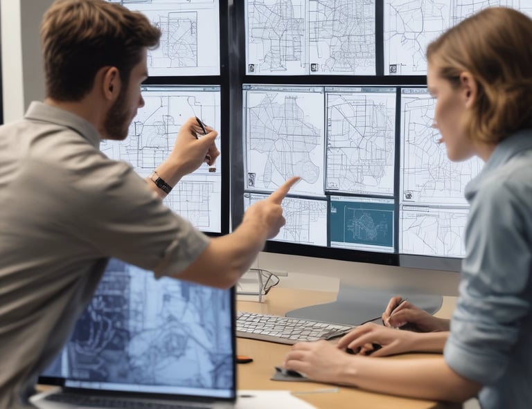 A professional consultant discussing GIS data with a client over a laptop.