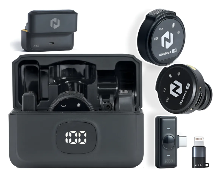 ZCO Wireless J6 lavalier microphone kit with charging case, digital display, and smartphone adapters.