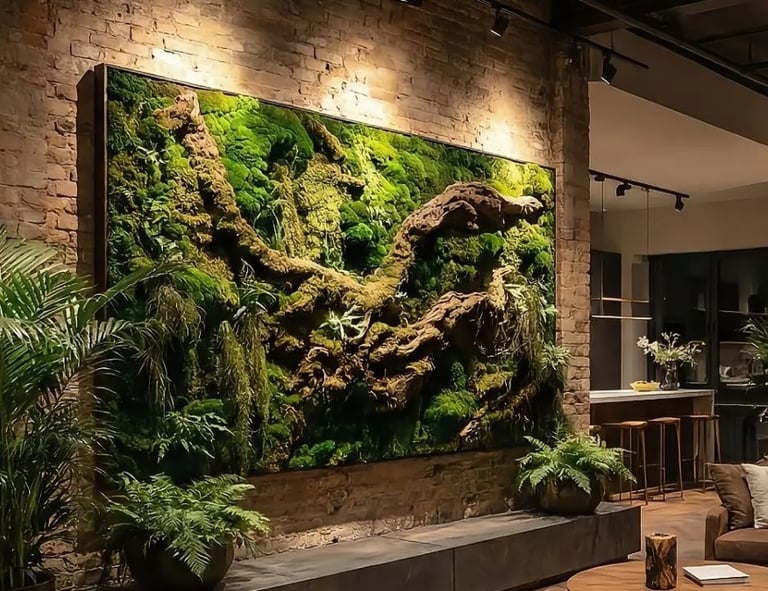 Vertical preserved moss wall art with driftwood on an exposed brick wall in a modern living room.