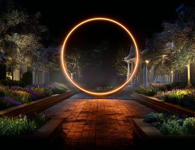 A glowing orange circular ring light sculpture illuminates a brick garden path at night.