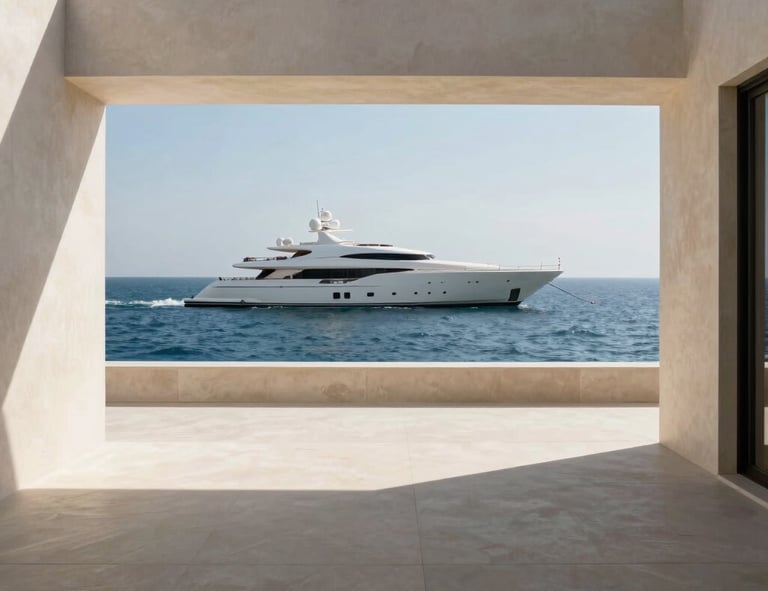 Minimalist wide shot of a luxury villa terrace overlooking a superyacht at anchor in deep blue water, sharp architectural shadows, crisp sunlight, champagne tones, medium format