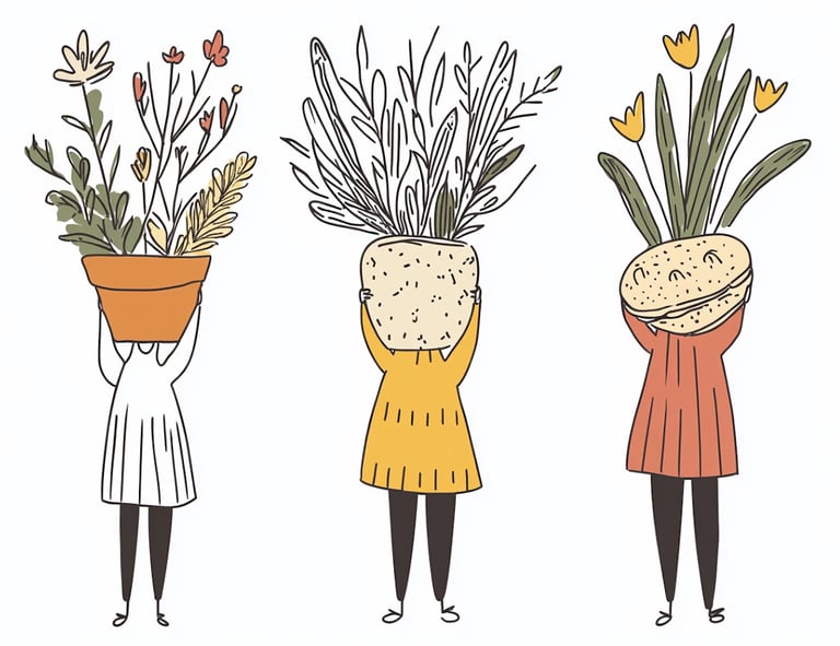 Three women holding plant pots up in the air