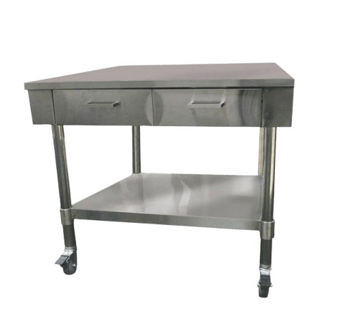 Commercial table made from heavy duty stainless steel featuring two drawers, a solid under shelf, and castors for mobility.