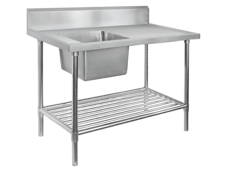 Industrial sink bench made from heavy duty stainless steel with a deep bowl, splashback, and slatted under shelf.