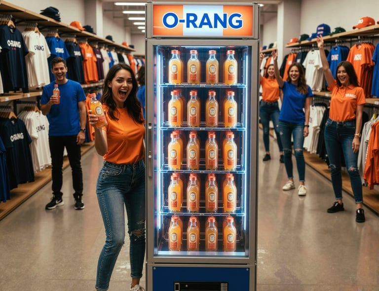 Young people standing by the branded O-RNG drink vending machine drinking the branded product