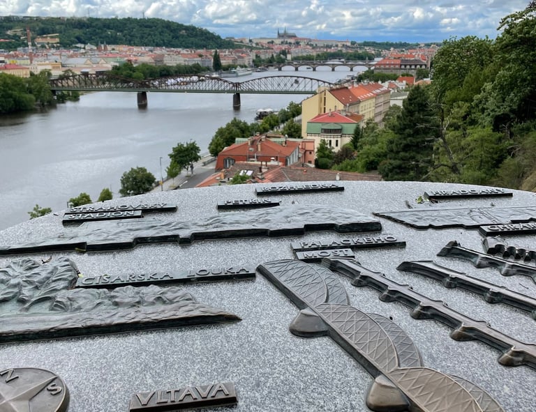 A map in the foreground and a river and bridges in the background